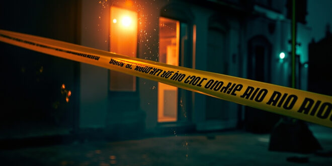 Sealed house entrance with police tape and investigation barriers on an empty residential street in Prague suburb