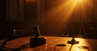 Empty courtroom bathed in golden dusk light, with wooden gavel and scales of justice prominently displayed on judge's bench.
