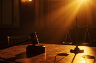 Empty courtroom bathed in golden dusk light, with wooden gavel and scales of justice prominently displayed on judge's bench.