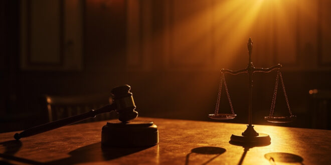Empty courtroom bathed in golden dusk light, with wooden gavel and scales of justice prominently displayed on judge's bench.