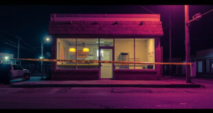 Abandoned yogurt shop storefront with police tape across door in empty commercial strip at night, bathed in purple and amber light