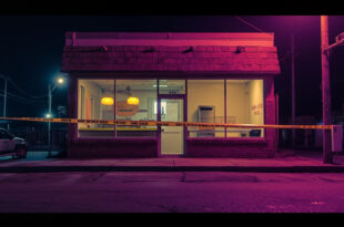 Abandoned yogurt shop storefront with police tape across door in empty commercial strip at night, bathed in purple and amber light