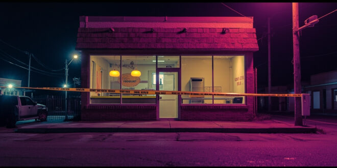 Abandoned yogurt shop storefront with police tape across door in empty commercial strip at night, bathed in purple and amber light