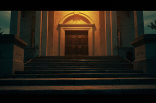 Empty stone courthouse steps at dusk, leading to closed doors adorned with justice scales in somber lighting