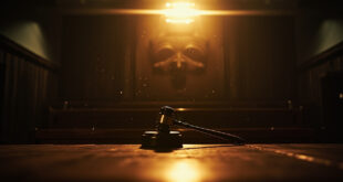Empty courtroom after animal cruelty verdict with judge's gavel and scales of justice on mahogany bench in dim light