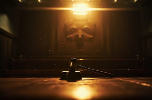 Empty courtroom after animal cruelty verdict with judge's gavel and scales of justice on mahogany bench in dim light