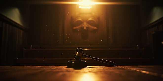 Empty courtroom after animal cruelty verdict with judge's gavel and scales of justice on mahogany bench in dim light