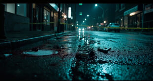 White forensic markers scattered on wet asphalt with police tape cordoning off urban crime scene