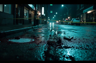 White forensic markers scattered on wet asphalt with police tape cordoning off urban crime scene