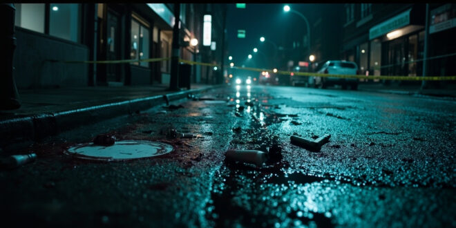 White forensic markers scattered on wet asphalt with police tape cordoning off urban crime scene