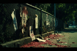 Red paint stains on concrete ground near chain-link fence with torn paper fragments in urban park setting