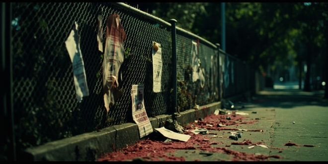 Red paint stains on concrete ground near chain-link fence with torn paper fragments in urban park setting