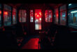 Dark tram interior with medical gauze and emergency equipment scattered on seats under harsh fluorescent lighting.