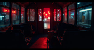 Dark tram interior with medical gauze and emergency equipment scattered on seats under harsh fluorescent lighting.