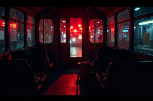 Dark tram interior with medical gauze and emergency equipment scattered on seats under harsh fluorescent lighting.