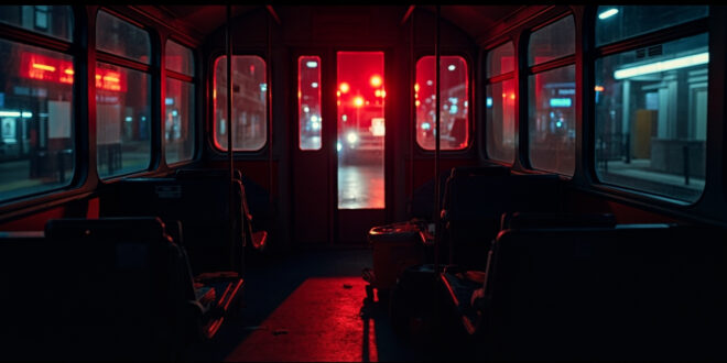 Dark tram interior with medical gauze and emergency equipment scattered on seats under harsh fluorescent lighting.
