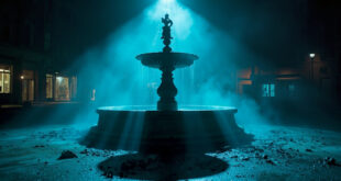 Abandoned Fountain of Friendship between Nations stands empty in deserted urban square at night with scattered debris
