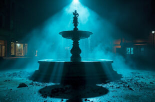 Abandoned Fountain of Friendship between Nations stands empty in deserted urban square at night with scattered debris