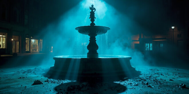 Abandoned Fountain of Friendship between Nations stands empty in deserted urban square at night with scattered debris