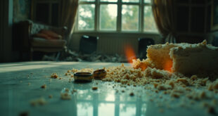 Shattered wedding cake and broken rings on marble table amid overturned furniture in abandoned luxury mansion