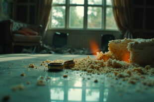Shattered wedding cake and broken rings on marble table amid overturned furniture in abandoned luxury mansion