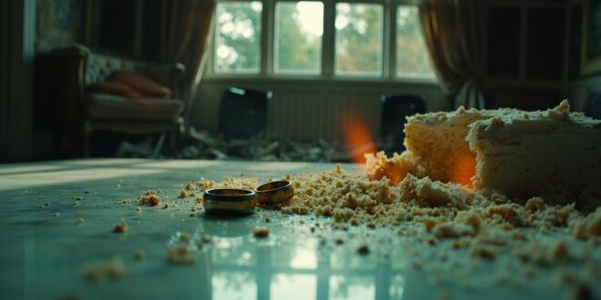 Shattered wedding cake and broken rings on marble table amid overturned furniture in abandoned luxury mansion