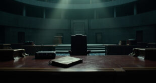 Empty parliamentary chamber with vacant ministerial desk and closed leather briefcase on wooden surface