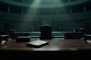 Empty parliamentary chamber with vacant ministerial desk and closed leather briefcase on wooden surface