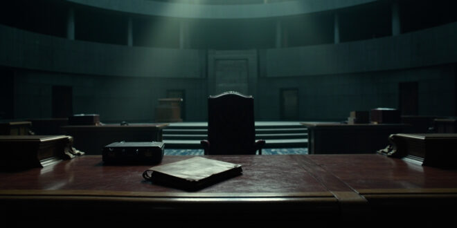 Empty parliamentary chamber with vacant ministerial desk and closed leather briefcase on wooden surface