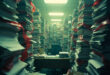 Empty office desk completely buried under towering stacks of regulatory documents in a sterile government building