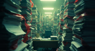 Empty office desk completely buried under towering stacks of regulatory documents in a sterile government building