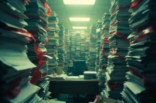Empty office desk completely buried under towering stacks of regulatory documents in a sterile government building