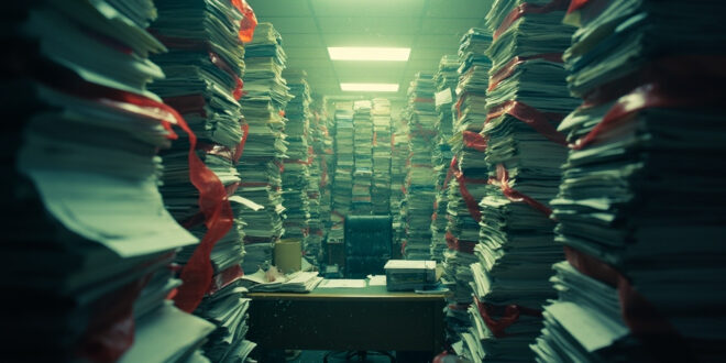 Empty office desk completely buried under towering stacks of regulatory documents in a sterile government building