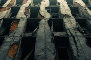 Weathered concrete apartment building with broken windows and cracked facade showing urban decay