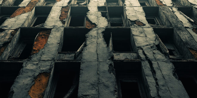 Weathered concrete apartment building with broken windows and cracked facade showing urban decay