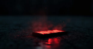 Abandoned smartphone displaying warning notifications about online radicalization in a dark room with glowing screens