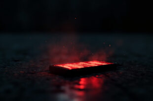 Abandoned smartphone displaying warning notifications about online radicalization in a dark room with glowing screens