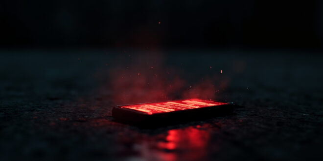 Abandoned smartphone displaying warning notifications about online radicalization in a dark room with glowing screens
