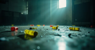 Forensic evidence markers and scattered investigation materials in an empty, dusty crime scene room