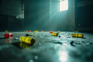 Forensic evidence markers and scattered investigation materials in an empty, dusty crime scene room