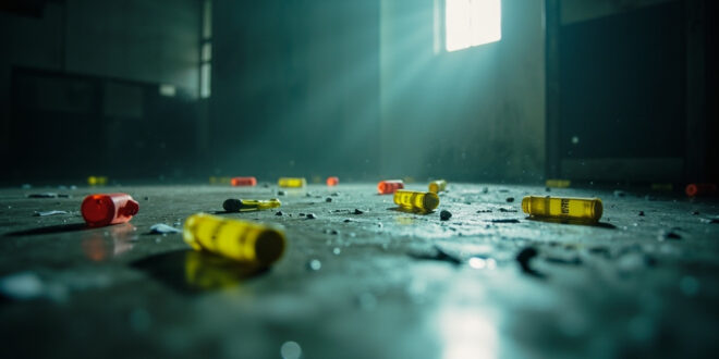 Forensic evidence markers and scattered investigation materials in an empty, dusty crime scene room