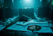 Abandoned immigration office with scattered documents, empty ICE badge and paperwork on wooden desk in blue-silver light