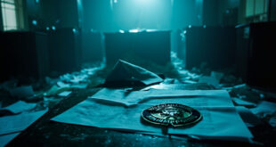 Abandoned immigration office with scattered documents, empty ICE badge and paperwork on wooden desk in blue-silver light