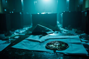 Abandoned immigration office with scattered documents, empty ICE badge and paperwork on wooden desk in blue-silver light