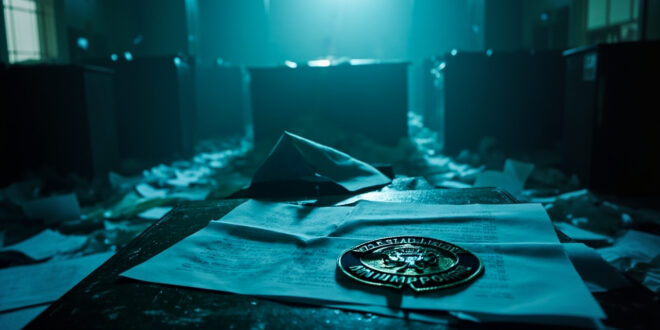 Abandoned immigration office with scattered documents, empty ICE badge and paperwork on wooden desk in blue-silver light