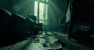 Empty hallway of abandoned lakeside mansion with overturned furniture and broken family photo following inheritance murder