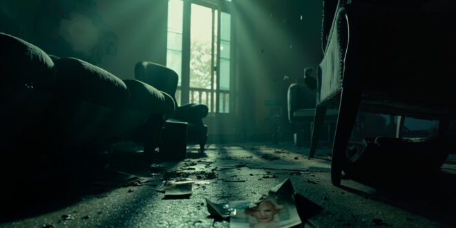 Empty hallway of abandoned lakeside mansion with overturned furniture and broken family photo following inheritance murder