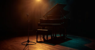 Empty grand piano with closed lid near abandoned microphone in dimly lit recording studio at twilight