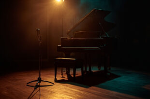 Empty grand piano with closed lid near abandoned microphone in dimly lit recording studio at twilight