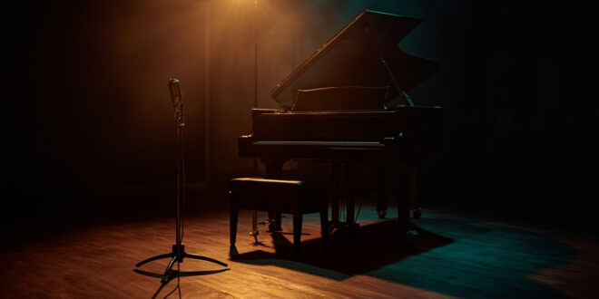 Empty grand piano with closed lid near abandoned microphone in dimly lit recording studio at twilight